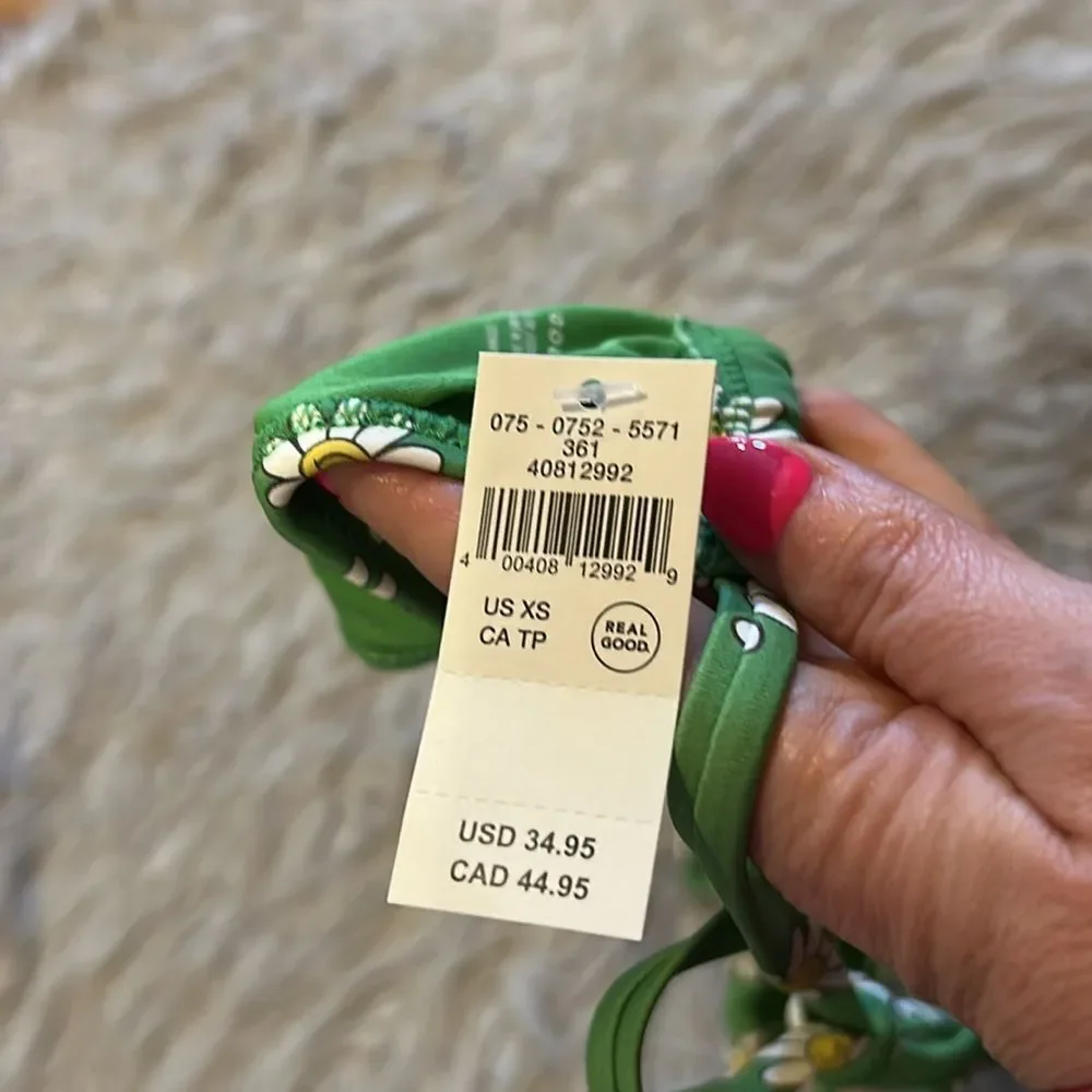 NWT aerie triangle green,‎ yellow and white floral smiley face swimsuit top